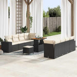 Garden Sofa Set with Cushions, 11 Pieces, Poly Rattan Black Cream, Weatherproof Lounge Furniture for Garden, Balcony, Patio, Modular with Wooden Table, Comfortable and Durable