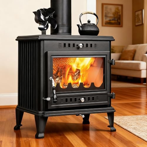 Cast Iron Wood Burning Stove, Heats 900 Sq Ft, Secondary Combustion, Large Glass Window, Air Wash System, Includes Chimney Pipe, Efficient & Eco Friendly Heat Source for Home Cabin