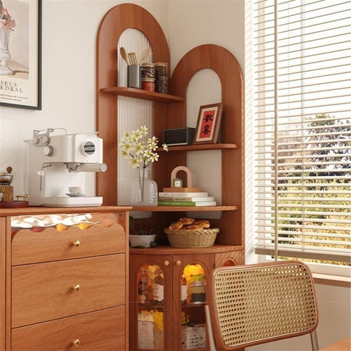 Bookcase French Corner Shelf, Vintage Solid Wood Triangular Fan-shaped Bookshelf, Living Room Storage Cabinet(Bruin)