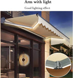 Motorized Electric Retractable Patio Awning with Lights, Paint Process, Curved Arm Chain Double Lamp, for Yard Balcony