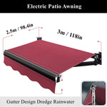 Outdoor Electric Retractable Patio Awning w/Remote Control & Manual Crank Handle, Gutter Design, Home/Commercial Use, 3x2.5m