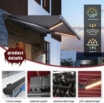 Outdoor Patio Awning - Electric Retractable Aluminum Shade with Remote Control & Light for Terrace, Garden, Balcony, Courtyard