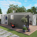 Outdoor Metal Storage Shed, 10x14 FT Galvanized Steel Garden Tool House with 796 Cu.Ft Capacity, Gray Double Door Utility Building with Windows, 7 LBS/SQ.FT Roof Load