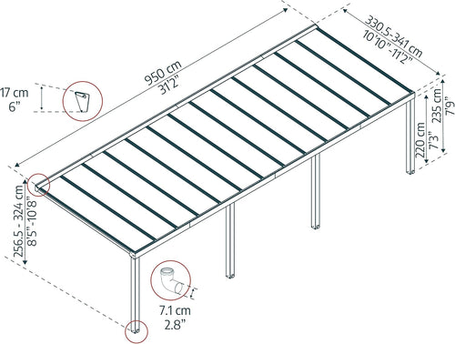 Canopia by Palram Veranda Pergola 3.4x9.5cm Patio Cover Polycarbonate Roof Stockholm Grey Clear