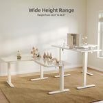 INNOVAR L Shaped Glass Standing Desk Adjustable Height, Dual Motor Electric Corner Standing Desk with Drawers, 63x55 inch Sit Stand up Desk with Splice Board for Home Office, White