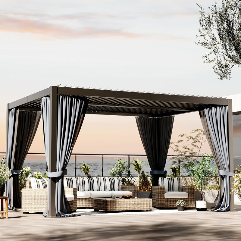 Metal Pergola with Hardtop Roof, Purple Leaf Pergola for Backyard, Aluminum Pergolas with Curtains, 10'x13' Gazebo for Garden,Patio,Black