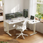 INNOVAR L Shaped Glass Standing Desk Adjustable Height, Dual Motor Electric Corner Standing Desk with Drawers, 63x55 inch Sit Stand up Desk with Splice Board for Home Office, White