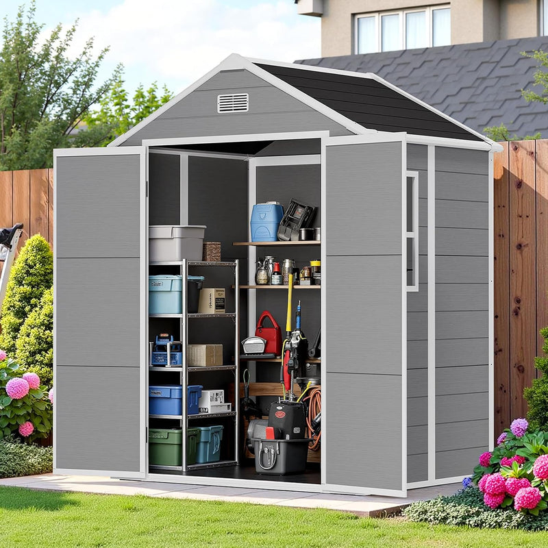 NicBex 6×5 Resin Outdoor Storage Shed with Floor & Window– All-Weather Lockable Small Tool Shed, Outdoor PP Plastic Garden Sheds & Outdoor Storage for Garden, Patio & Backyard – Light Gray