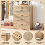 LEYAOYAO Rattan Dresser for Bedroom, 41" Tall Chest of Drawers, Modern 6 Drawers Boho Dressers with Storage, Light Oak Dresser Wooden Closet Organizer for Living Room, Hallway, Natural Wood