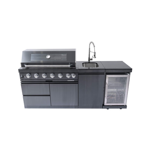 Castelle Flame 85K BTU Outdoor BBQ Kitchen Grill Island with 43-Inch 6-Burner Grill, Wine Fridge, Rotisserie Kit, and Sink