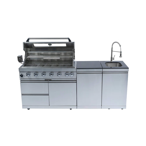 Castelle Flame Granite Outdoor BBQ Kitchen Island with 43-Inch 6-Burner Gas Grill, Rotisserie Kit, Cabinets, and Sink