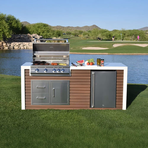 KoKoMo Grills Professional Shiplap Outdoor Kitchen Island with Waterfall Edge, Built-In Grill, and Refrigerator