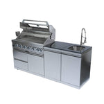 Castelle Flame Outdoor BBQ Kitchen Island with 43-Inch 6-Burner 85K BTU Propane Gas Grill, Rotisserie Kit, and Storage Cabinets